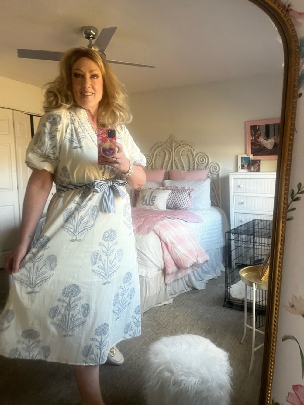 Umgee White Dress with Navy Striped Trim - size L